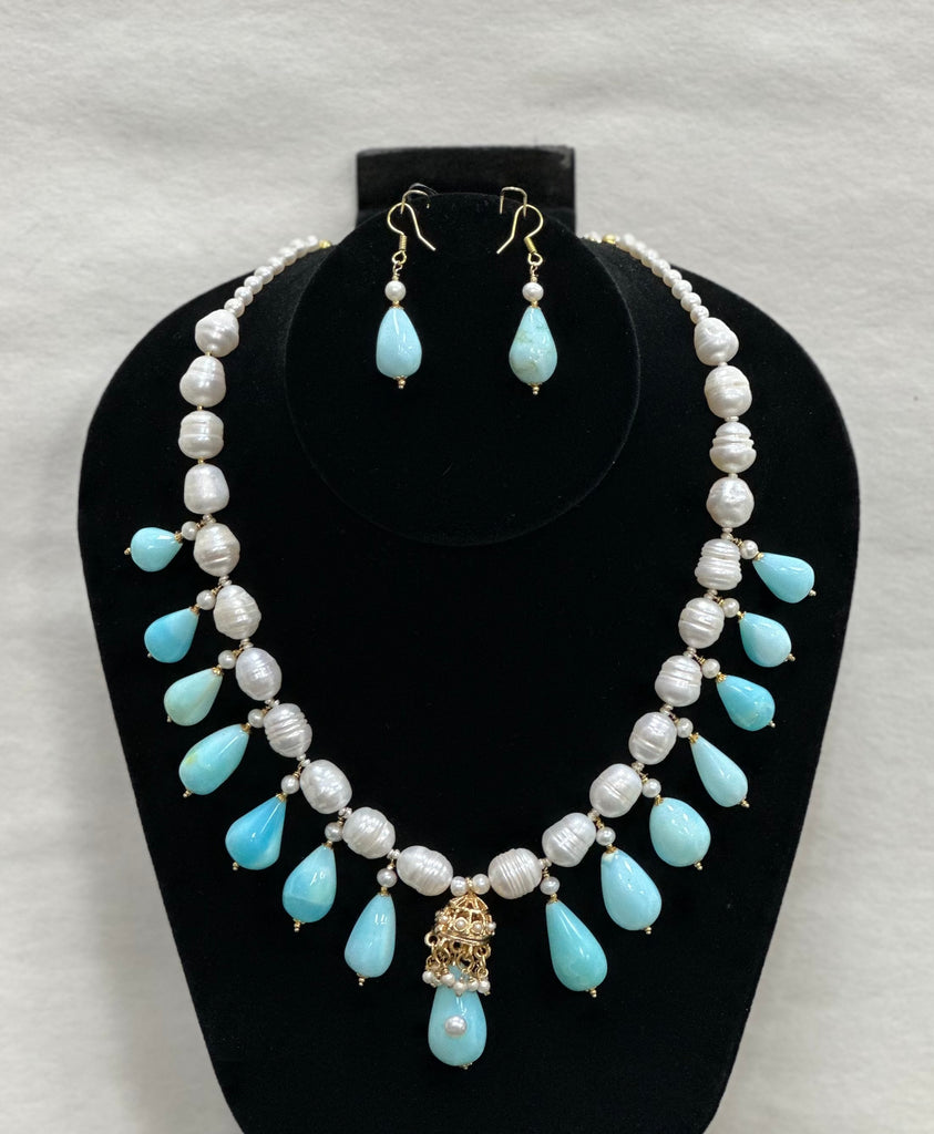 Freshwater Nugget Rice Pearl With Blue Peruvian Opel Necklace With Earring Set (24K Gold Coated Beads)