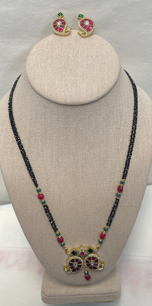 Spinal Necklace And Earring Set With Kundan Pendent  Earring Set And Ruby Emerald Beads