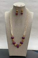 Natural African Ruby Pumpkin Beads And Freshwater Pearls Necklace With Earring Set (Gold Beads Are 24k Plated Beads)