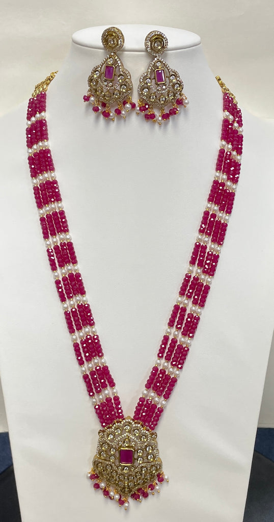 Chetan Ruby With Freshwater Pearls Necklace With Victorian Pendent And Earring Set With Kundan Spacer (24k Gold Coated Beads)