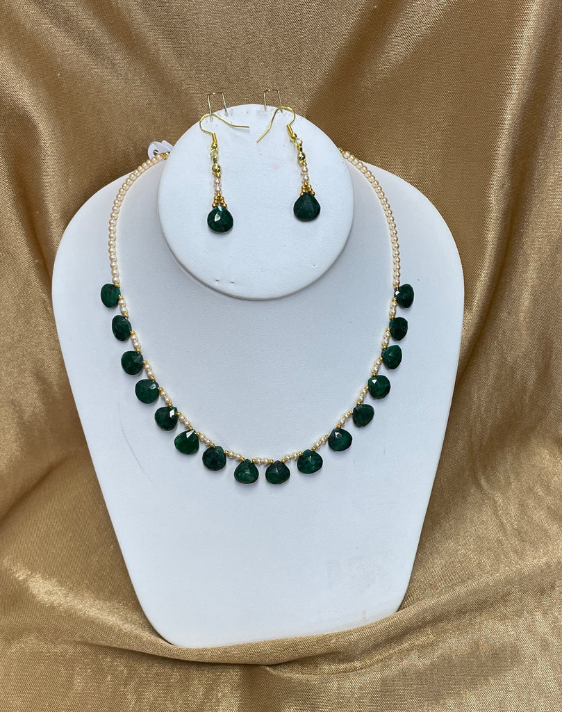 Swarovski Pearl And Israeli Cut Emerald Drops Necklace And Earring Set(24kt Gold Plated Beads)
