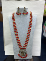 Coral Pumpkin Beads With Victorian Pendent And Earring Set (24k Plated Beads)