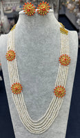 Pearl Necklace set with Coral Side Pendants and Earrings
