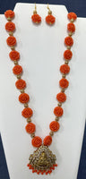 Coral Color Resin Flower Necklace with Victorian Pendant and Earrings
