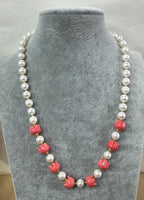 Coral Color Resin Tulip Beads Necklace with Fresh Water Pearls and 24KT Gold Plated Balls