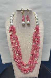 Fresh water Pearl and Coral Color Jade Chips Necklace with Earrings