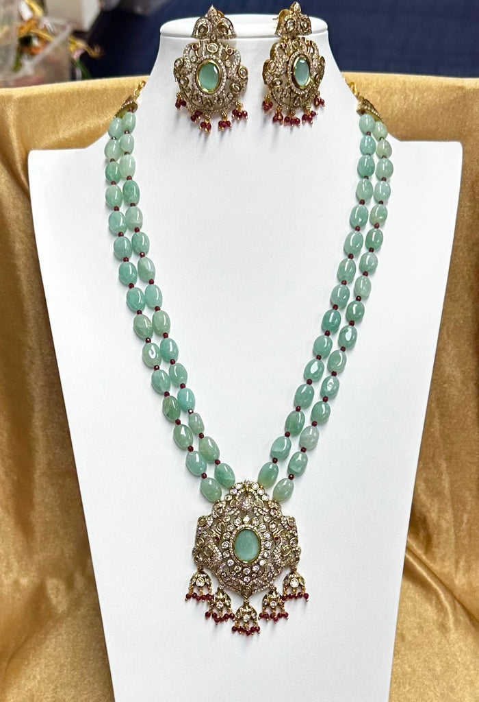 Natural Russian Emerald And Red Jade Necklace With Earring Set(Victorian Pendent & Earring)