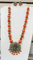 Victorian Balaji Pendant And Earring Set With Bamboo Coral Carved Melon (With Micro Kalash beads)