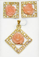 Pink Coral Cubic Flower and Cubic Zirconia Pendant Set #P-12P
