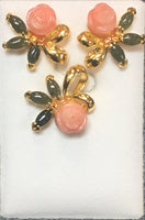 Pink Coral Flower and Jade Cab Pendant Set #PE-026