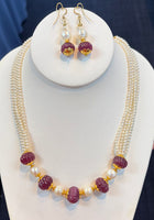 Natural Ruby Pumpkin And Freshwater Pearl Necklace With Earring Set (24k Gold Coated BEads)
