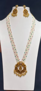 5-Strand Freshwater Pearl, Chetan Ruby and Chetan Emerald Necklace With ( With Lakshmi Pendent  And Earrings Set)