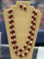 Square Red color Jade And Freshwater Pearls Necklace With Earring Set With (24k Gold Plated Beads)