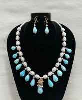Freshwater Nugget Rice Pearl With Blue Peruvian Opel Necklace With Earring Set (24K Gold Coated Beads)