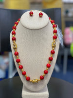 Red Jade Necklace With Earring Set (24k Gold Plated beads)