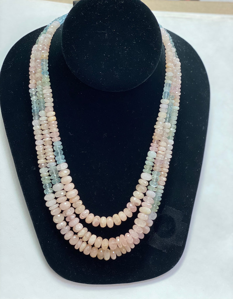 3-Strand Morganite And Aquamarine Faceted Beads