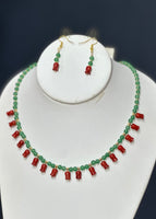 Aventurine And Coral Tulips Beads Necklace With Earrings Set (1 Gram Gold Beads)