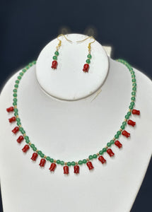 Aventurine And Coral Tulips Beads Necklace With Earrings Set (1 Gram Gold Beads)