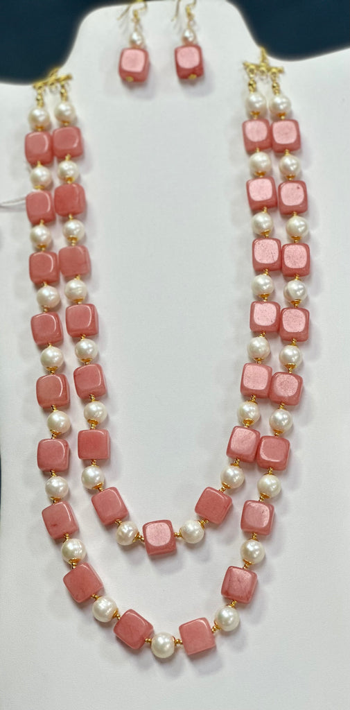Square Coral color Jade And Freshwater Pearls Necklace With Earring Set With (24k Gold Plated Beads)