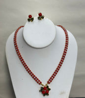 Taiwan Coral With Swarovski Crystal Necklace And Earring Set With Coral Pendent And Earring Set(24K Gold Coating Beads)