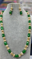 Green Jade Nuggets With Pearl Necklace With Earrings Set  (24k Gold Plated Beads)