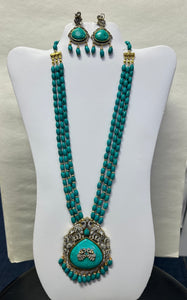 Turquoise Beads Necklace Set With Victorian Pendant And Earrings(24k Gold Plated Beads)
