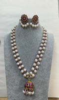 Fresh Water Pearl and Swarovski Bead Necklace with Kundan Pendant and Earrings