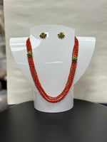 Taiwan Red Coral Faceted Necklace With Earring Set (Gol Beads 24k Plated Beads)