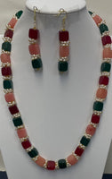 Multicolor Jade Square Necklace Set With Fresh Water Pearl