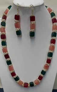 Multicolor Jade Square Necklace Set With Fresh Water Pearl