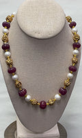 AAA QUALITY NATURAL AFRICAN RUBY PUMPKIN BEADS AND FRESHWATER PEARLS NECKLACE WITH ANTIQUE GOLD PLATED BEADS