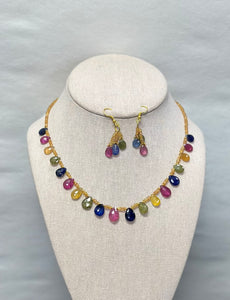 Multi Sapphire Necklace And Earring Set (24k Gold Coated Beads)