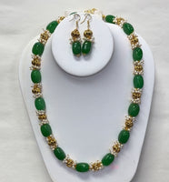 Green Jade Nuggets With Pearl Necklace With Earrings Set  (24k Gold Plated Beads)