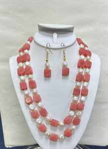 Square Coral color Jade And Freshwater Pearls Necklace With Earring Set With (24k Gold Plated Beads)