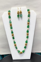 Jade Leaf With Pearl Necklace With Earring Set (1G Gold Beads)