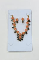 #1 Coral Cubic Flower And Jade Leaf Necklace And Earring Set