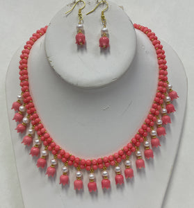 Coral Tulips And Pearl Necklace With Earring Set ( 24k Plated Gold Beads)