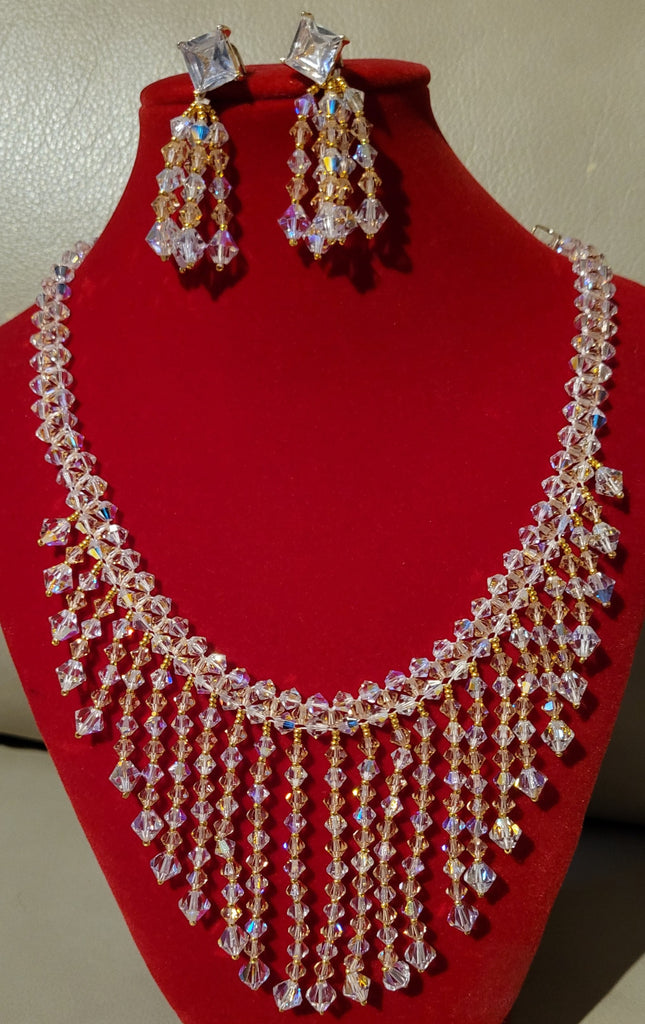 2-Strand Swarovski Peach and Diamond-Color AB Necklace Set with Drops #SW-2