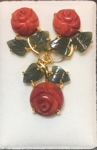 Red Coral Flat Flower and Jade Leaf Pendant Set #E-01