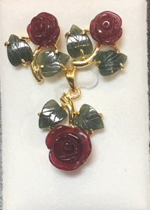 Ruby-Color Quartz Cubic Flower and Jade Leaf Pendant Set #E-03RQ