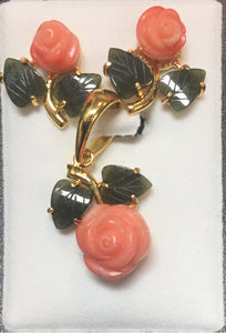 Pink Coral Cubic Flower and Jade Leaf Pendant Set #E-04