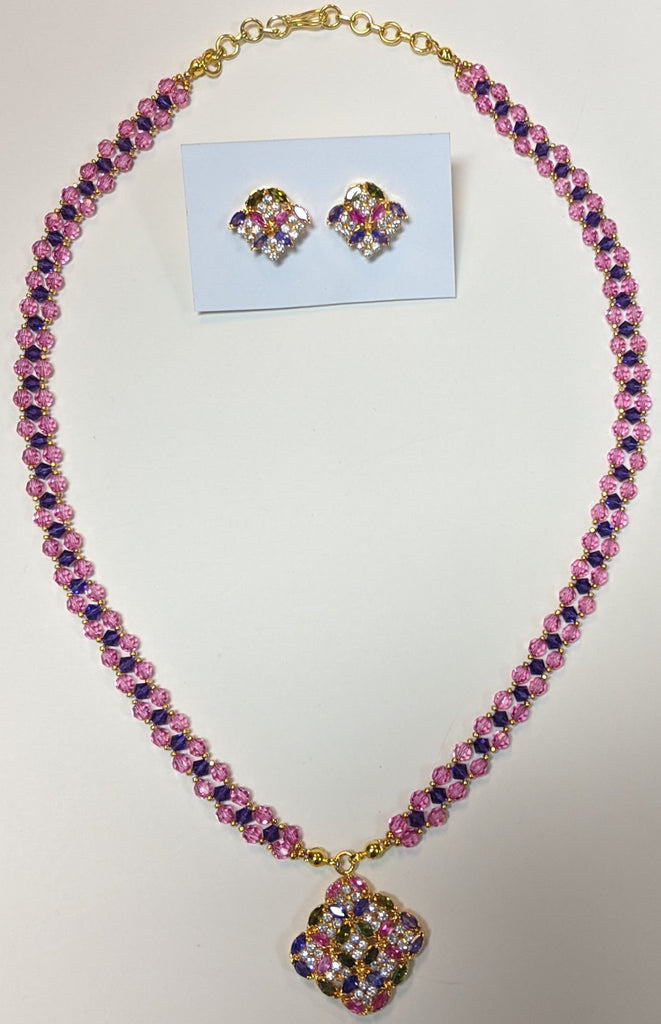 Rose Pink and Velvet Swarovski Necklace Set with Cubic Zirconia Pendant & Earrings #SCZ-1