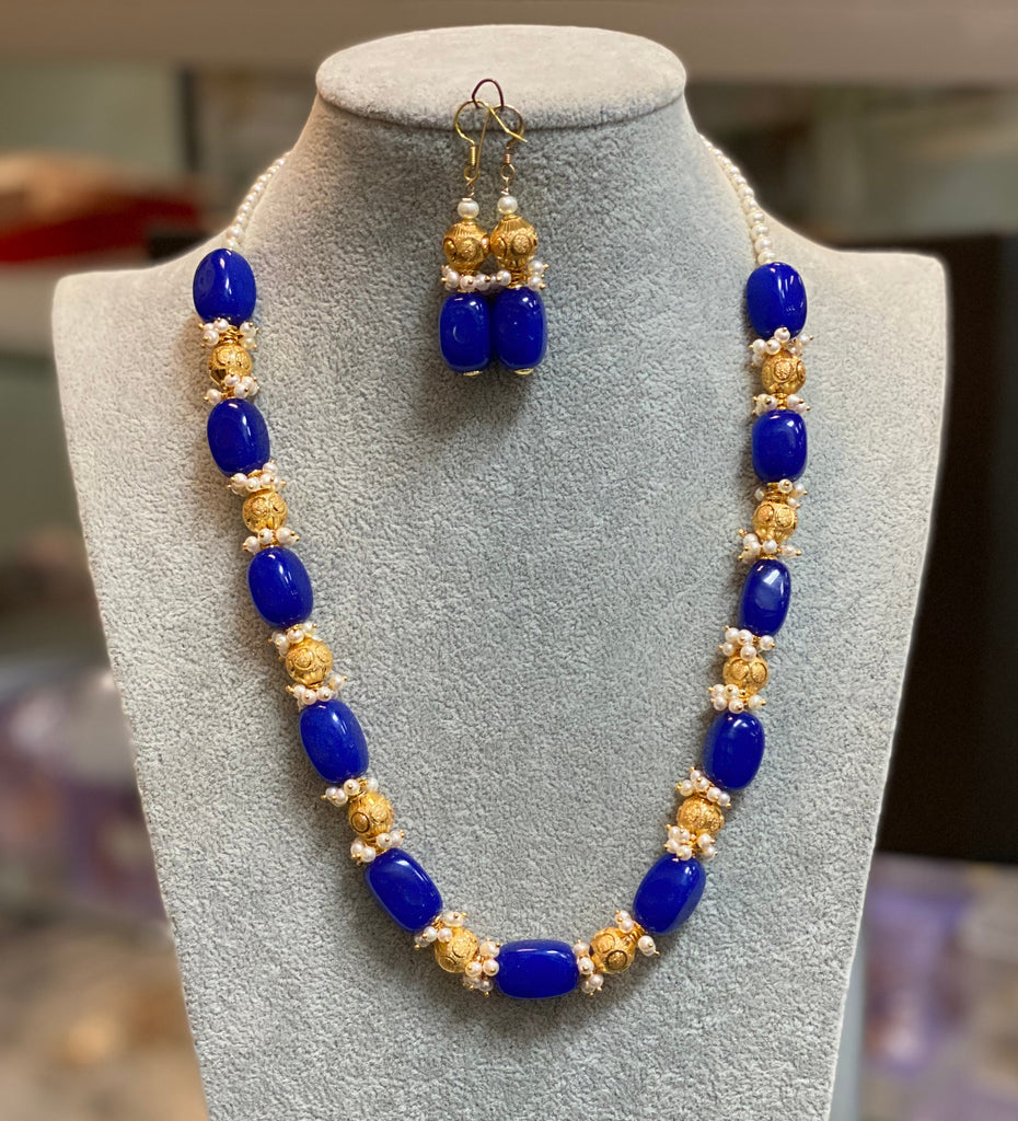 Blue Jade Nuggets And Pearl Necklace And Earrings (1Gr Gold Plated Bead)