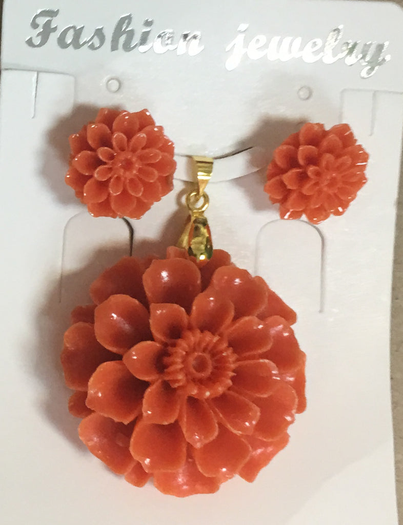 Orange-ish Pink Resin Sunflower Pendant Set #OSF-2