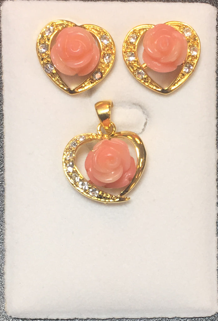 Pink Coral Cubic Flower and Cubic Zirconia Pendant Set #P-10P