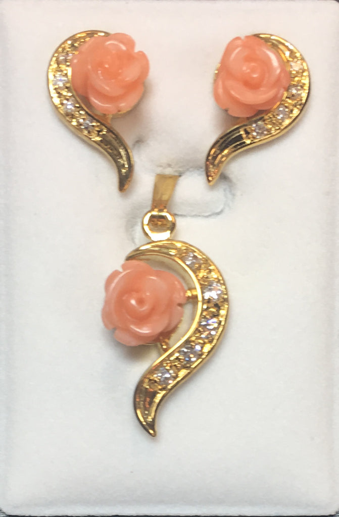 Pink Coral Cubic Flower and Cubic Zirconia Pendant Set #P-11P