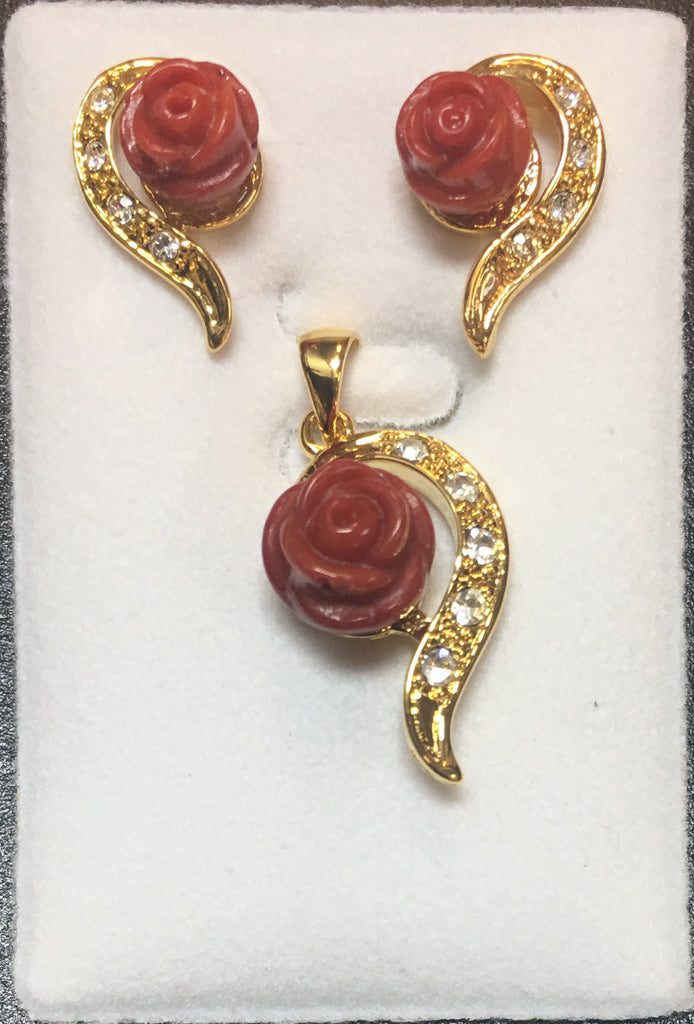 Red Coral Cubic Flower and Cubic Zirconia Pendant Set #P-11R