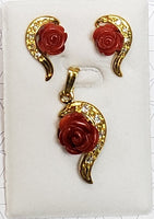 Red Coral Cubic Flower Pendant Set with CZ Stones #P-11R