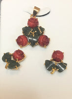 Red Coral Flat Flower and Jade Leaf Pendant Set #P-4R