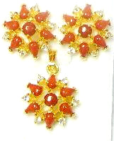 Red Coral Cab and Cubic Zirconia Pendant Set #P24R